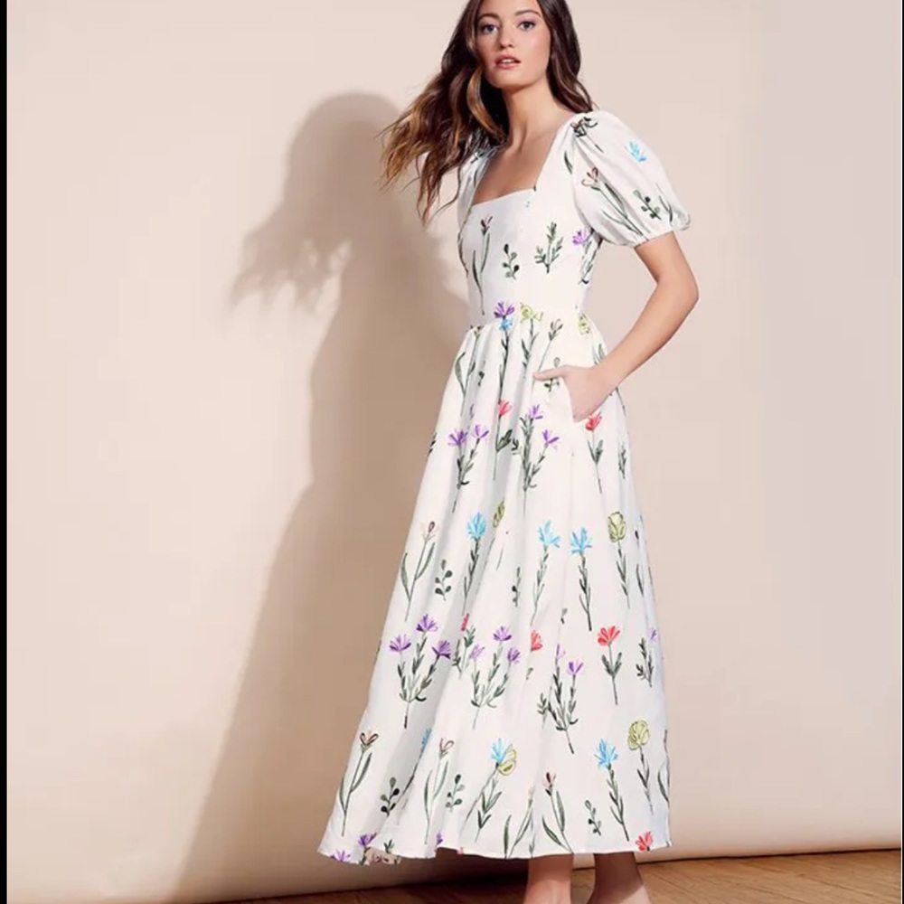 Slate & Willow White Ruched Puff Sleeve Floral Midi Dress Size XS